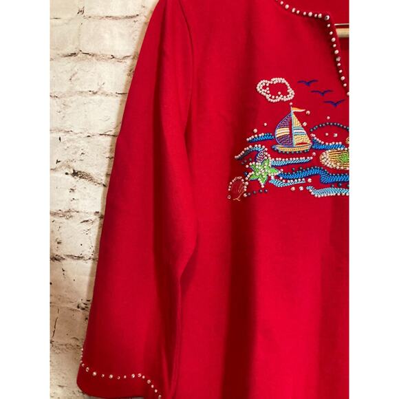 Quacker Factory Top Womens Medium Tunic Red Nautical Beachy Beaded Embroidered - Picture 7 of 16